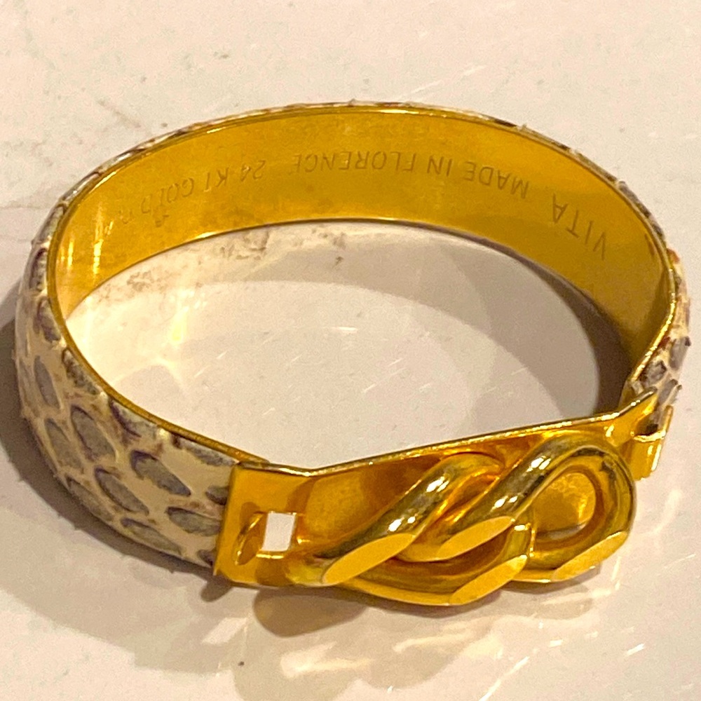 VITA bangle bracelet Florence Italy gray white leather 24kt gold plated buckle